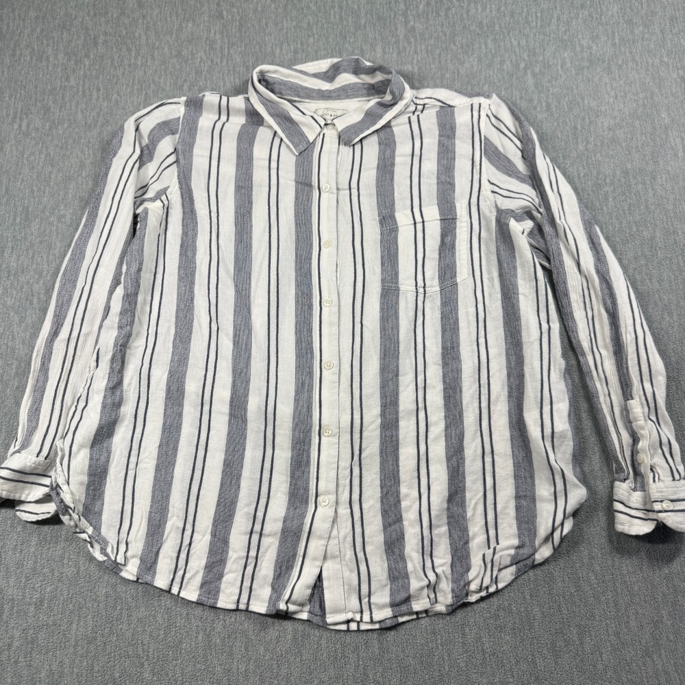 Lucky Brand Shirt Womens XL White Blue Striped Cotton Viscose Button Down Casual